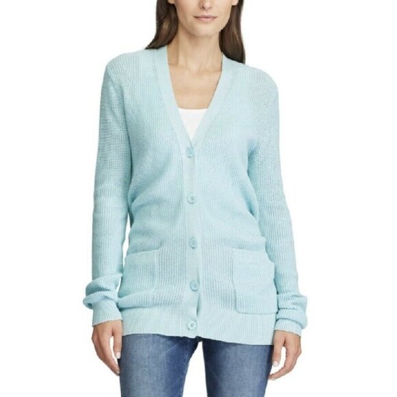 Lauren Ralph Lauren Ribbed Cotton Aqua Cardigan - Picture 1 of 6